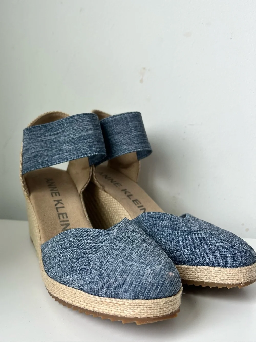 Anne Klein Blue Denim-Look Espadrille Wedge Sandals